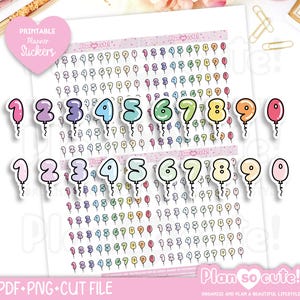 Geburtstagsballons, Happy Birthday-Zahlen, druckbare Planeraufkleber, Bullet Journal-Aufkleber