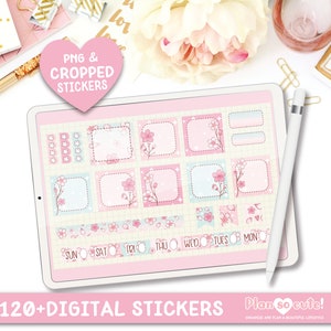 Puede incluir: Un conjunto de pegatinas digitales para planificador con m&aacute;s de 120 pegatinas en un esquema de color rosa y azul con dise&ntilde;os de flores de cerezo. Las pegatinas incluyen cuadros, pancartas y d&iacute;as de la semana.