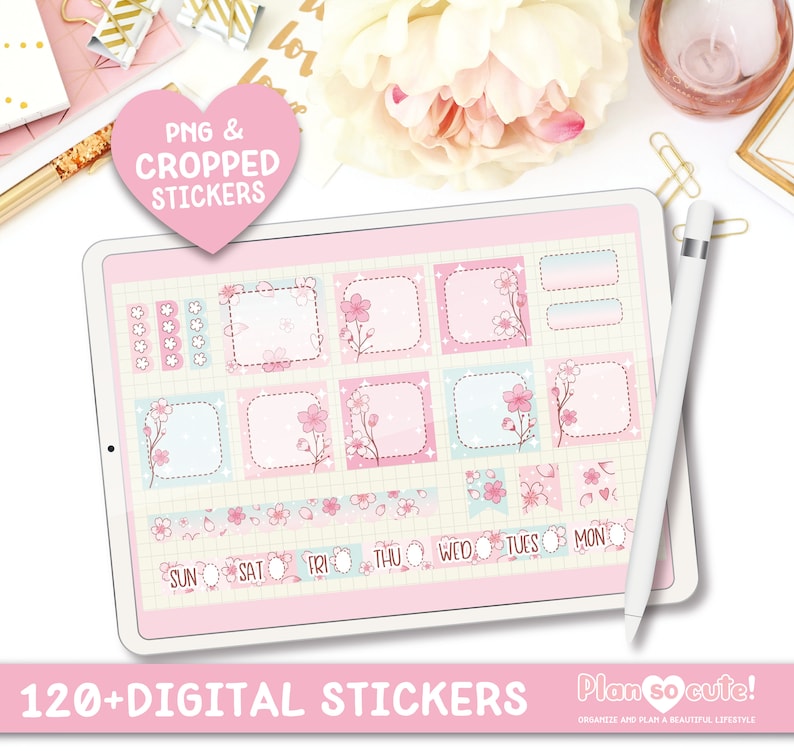 Puede incluir: Un conjunto de pegatinas digitales para planificador con m&aacute;s de 120 pegatinas en un esquema de color rosa y azul con dise&ntilde;os de flores de cerezo. Las pegatinas incluyen cuadros, pancartas y d&iacute;as de la semana.