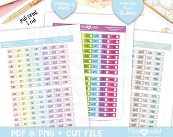 Day of Week Vertical Strip, Printable Planner Stickers, Hobonichi weeks Stickers
