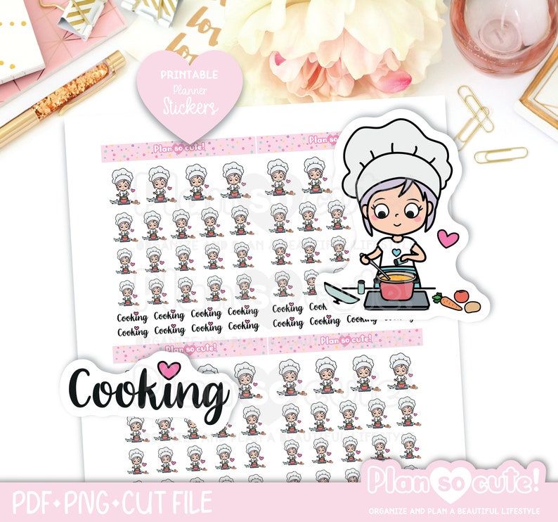 Peut inclure: Un ensemble d'autocollants de planificateur imprimables repr&eacute;sentant un personnage de chef de cuisine dessin anim&eacute; avec un c&oelig;ur rose et le texte "Cooking". Les autocollants sont con&ccedil;us pour &ecirc;tre utilis&eacute;s dans un planificateur ou un journal.