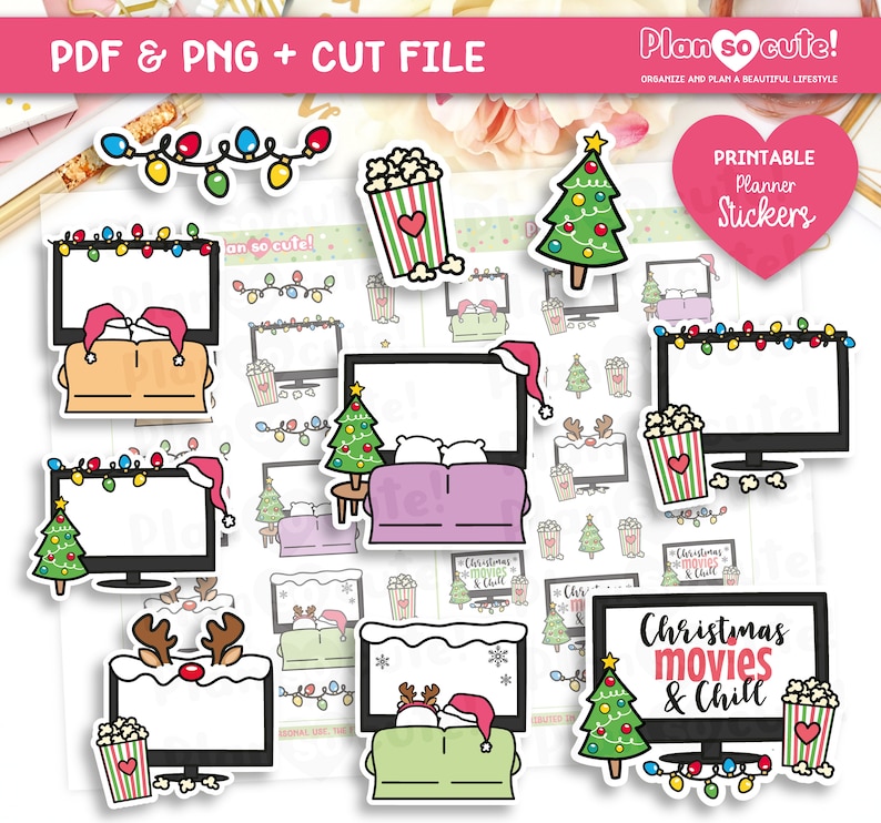 May include: Printable planner stickers featuring a Christmas movie theme. The stickers include a television with a Christmas tree, a couple on a couch, popcorn, and the text "Christmas movies & chill".