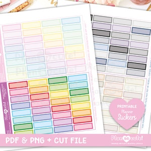 May include: Printable planner stickers with a variety of colors and designs. The stickers are in three columns, with each column featuring a different color scheme. The stickers are rectangular and have a white border. The text "Plan so cute!" is at the bottom of the image.