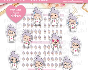 Emily Emojis Printable Planner Stickers, Light Skin, Cricut and Silhouette files, Bullet Journal Stickers, Erin Condren Stickers