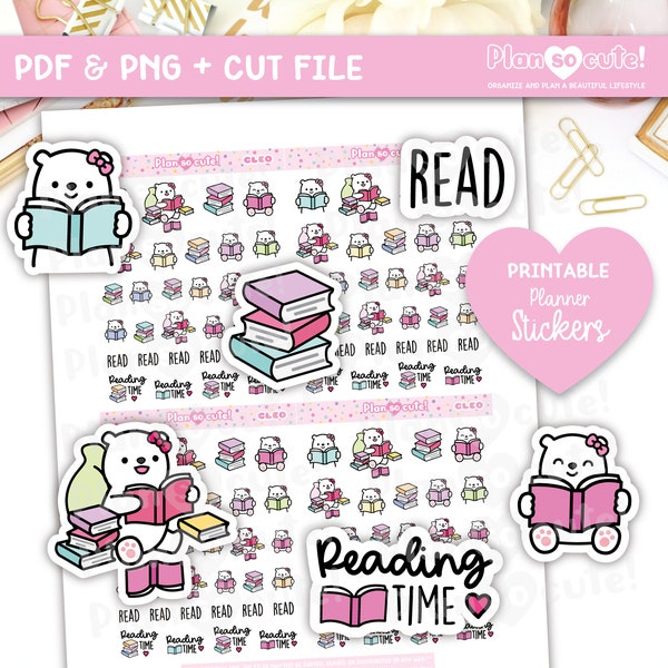 Reading Cleo Printable Stickers, Read Stickers, Printable Planner Stickers