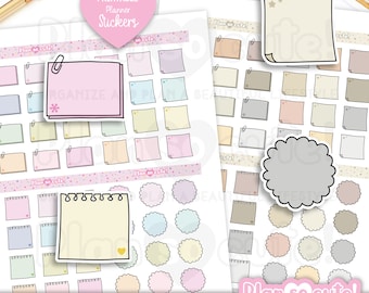 May include: Printable planner stickers featuring a range of shapes and sizes. The stickers are in pastel colours and include a variety of designs, such as stars, hearts, and circles. The text "Plan so cute!" is featured on the stickers.