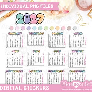 Puede incluir: Pegatinas de calendario 2027 coloridas con diseños mensuales, en colores pastel y el texto "Plan so cute!" para planificación digital. Incluye el texto "Digital Stickers".