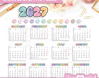 Könnte beinhalten: Bunte 2027 Kalenderaufkleber mit monatlichen Layouts, in Pastellfarben und dem Text "Plan so cute!" für die digitale Planung. Enthält den Text "Digital Stickers".