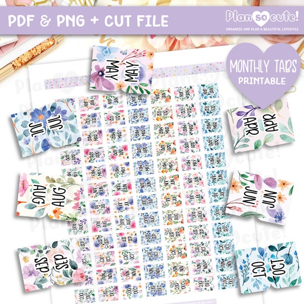 Floral Monthly Tabs, Watercolor Printable Planner Stickers, fits Hobo Weeks