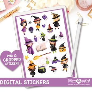 Cute Witches Digital Stickers, Halloween, GoodNotes Stickers, Watercolor Digital stickers, Precropped, PNG