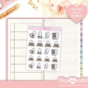 Op de afbeelding: Printbare planner stickers met schattige cartoonfiguren die spellen spelen zoals bingo, kaarten en dobbelstenen. De stickers zeggen "Game Night" en zijn perfect om een leuke touch aan je planner toe te voegen.
