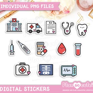 May include: A collection of digital stickers with medical themes. The stickers include a hospital, ambulance, prescription, stethoscope, tooth, syringe, thermometer, medicine bottle, blood drop, test tube, first aid kit, X-ray, and a heart monitor. Text on the image says "INDIVIDUAL PNG FILES" and "DIGITAL STICKERS".