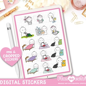 Puede incluir: Una hoja de pegatinas digitales en una tableta con lindos personajes de dibujos animados realizando varias tareas domésticas. Las pegatinas están en formato PNG y recortadas. También se ve el texto "DIGITAL STICKERS" y "Plan so cute!"