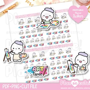 May include: A sheet of printable planner stickers featuring cartoon artists with paint palettes and easels. The stickers include the text "ART time" in a colorful design, and the phrase "Plan so cute!" is also visible.