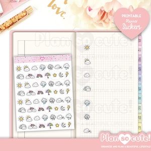 May include: A planner spread with a sticker sheet featuring weather-themed icons like suns, clouds, rainbows, and umbrellas. The planner has a grid layout and a pink heart-shaped sticker that says "Printable Planner Stickers". The text "Plan so cute!" is also visible.