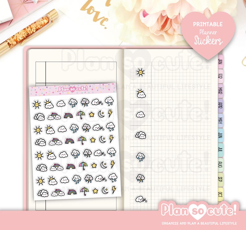 May include: A planner spread with a sticker sheet featuring weather-themed icons like suns, clouds, rainbows, and umbrellas. The planner has a grid layout and a pink heart-shaped sticker that says "Printable Planner Stickers". The text "Plan so cute!" is also visible.