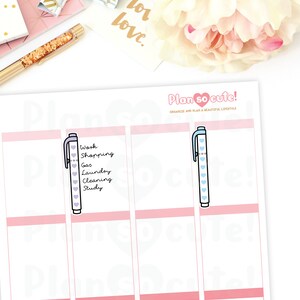 May include: Two printable planner stickers featuring a pen with hearts. The pen on the left has a purple body and pink hearts. The pen on the right has a blue body and blue hearts. The text on the left sticker reads "Work, Shopping, Gas, Laundry, Cleaning, Study".