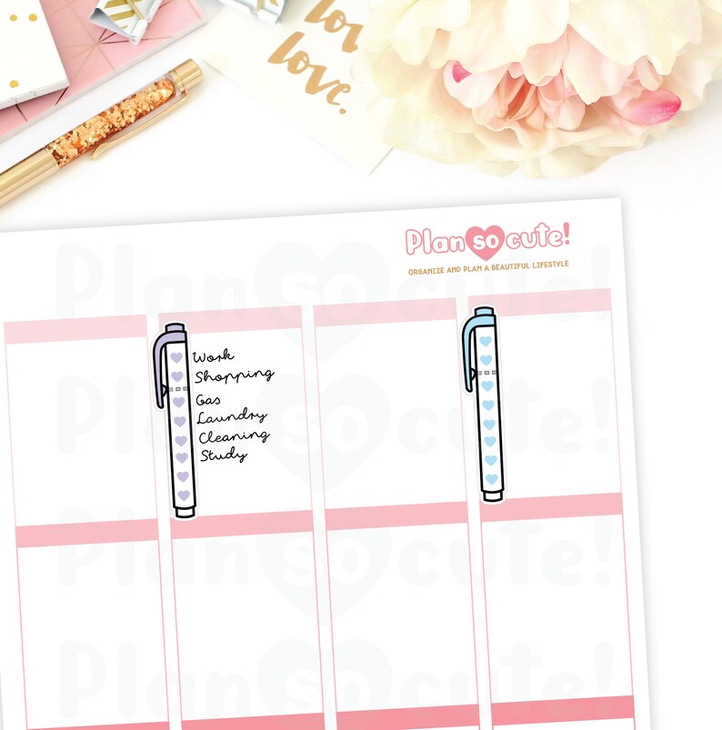 May include: Two printable planner stickers featuring a pen with hearts. The pen on the left has a purple body and pink hearts. The pen on the right has a blue body and blue hearts. The text on the left sticker reads "Work, Shopping, Gas, Laundry, Cleaning, Study".