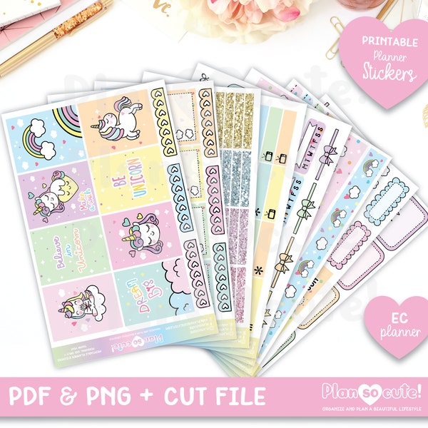 Unicorn Printable Planner Stickers, EC Weekly Kit, Cute Unicorn