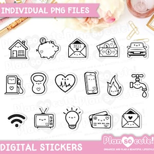 May include: A selection of black and white digital stickers featuring charming illustrations of various objects, including a house, piggy bank, bill, money, car, and more. The image includes the text "INDIVIDUAL PNG FILES" and "DIGITAL STICKERS".