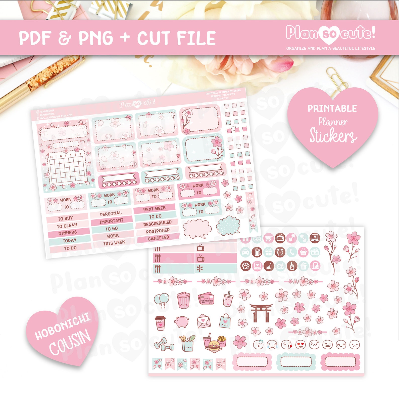 Sakura Hobonichi Cousin Kit, Printable Planner Stickers, Cherry Blossom ...