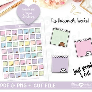 Puede incluir: Pegatinas imprimibles para planificador con blocs de notas coloridos con ilustraciones de animales lindos. Las pegatinas están diseñadas para planificadores Hobonichi Weeks y están disponibles en formatos PDF, PNG y archivo de corte. Diseñado por Plan so cute!