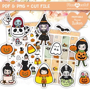 Emily Halloween, Trick or treat Chibi meisje, Fall Halloween afdrukbare Planner Stickers, silhouet en Cricut bestand
