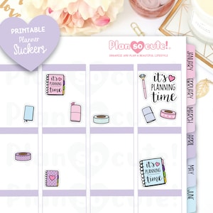 May include: Printable planner stickers in a pink, blue and white colour scheme. The stickers feature a variety of designs, including a notebook, washi tape and a pen. The text on the stickers reads "it's planning time".