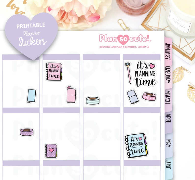 May include: Printable planner stickers in a pink, blue and white colour scheme. The stickers feature a variety of designs, including a notebook, washi tape and a pen. The text on the stickers reads "it's planning time".