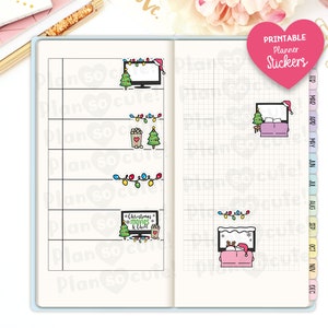May include: Printable planner stickers featuring Christmas-themed illustrations. The stickers include a TV with a Christmas tree, a Christmas tree with presents, a string of Christmas lights, a TV with the text "Christmas movies & chill", and a couple watching TV on a couch.