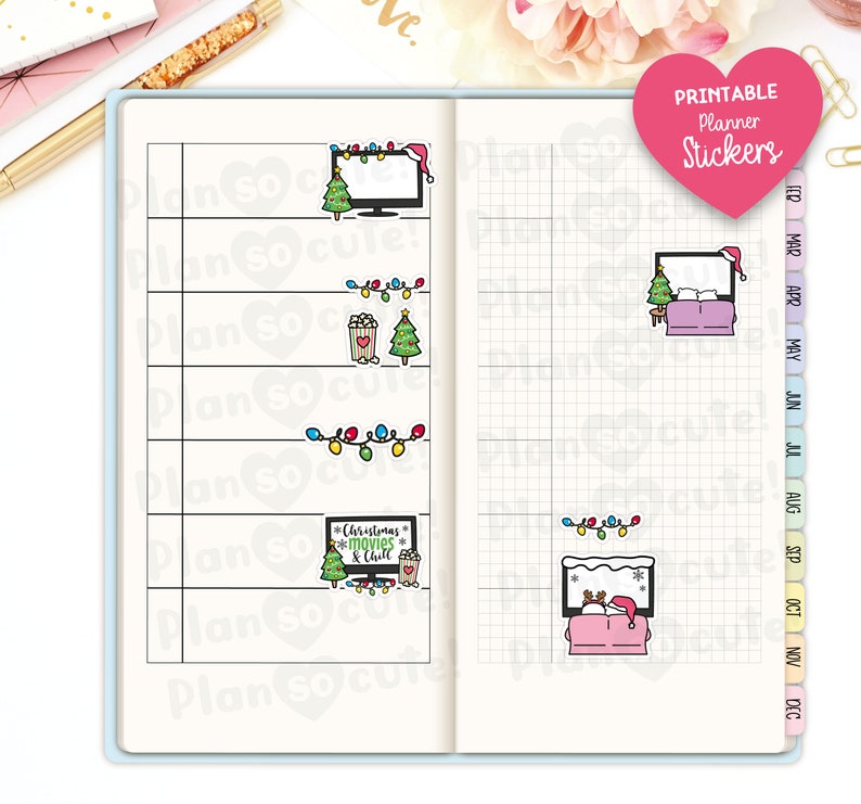 May include: Printable planner stickers featuring Christmas-themed illustrations. The stickers include a TV with a Christmas tree, a Christmas tree with presents, a string of Christmas lights, a TV with the text "Christmas movies & chill", and a couple watching TV on a couch.