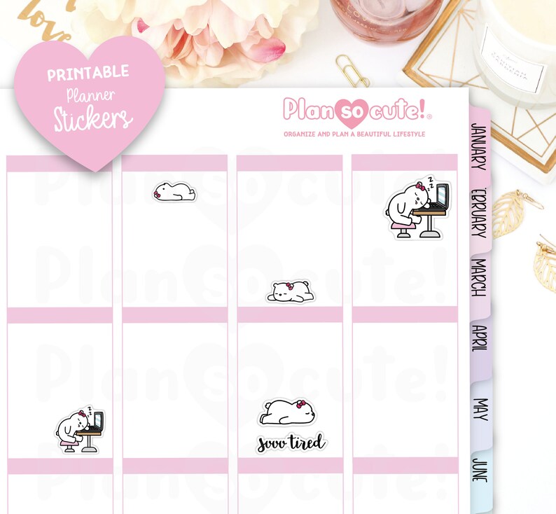 Cleo ist sooo müde, müde. Druckbare Planer-Sticker, Bären-Sticker Bild 2