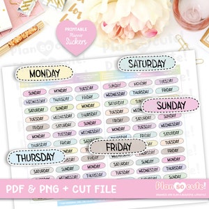 Gestikte dagen van de week, scriptstickers, afdrukbare stickers, afdrukbare plannerstickers, alleen voor persoonlijk gebruik.