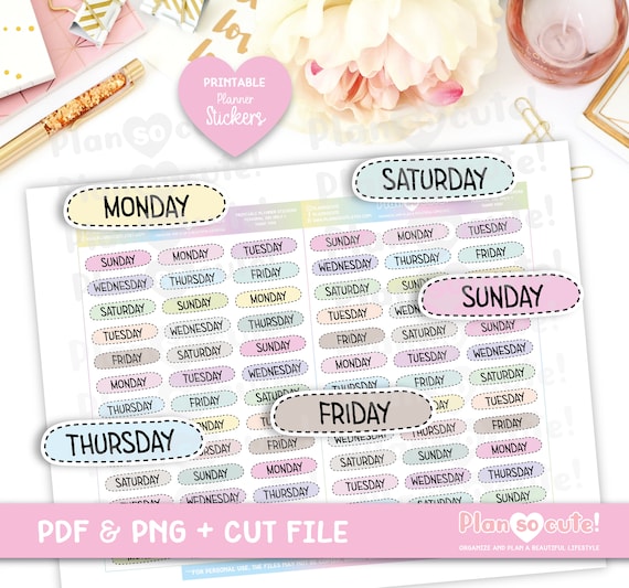Stitched Days of the Week, Script Stickers, Printable Stickers, Printable Planner Stickers, Personal use only.