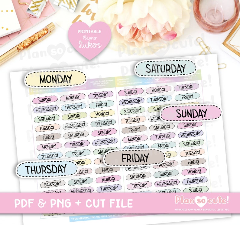 May include: A set of printable planner stickers with days of the week in pastel colors. The stickers are in a variety of shapes and sizes, with a dashed line border. The text "Plan so cute!" is at the bottom of the image.