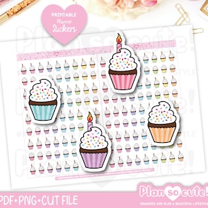 Autocollants cupcake, autocollants d’anniversaire, autocollants de planificateur imprimables, autocollants Bullet Journal, autocollants joyeux anniversaire