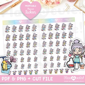 Emily Cleaning Day, Clear Skin. Printable Planner Stickers