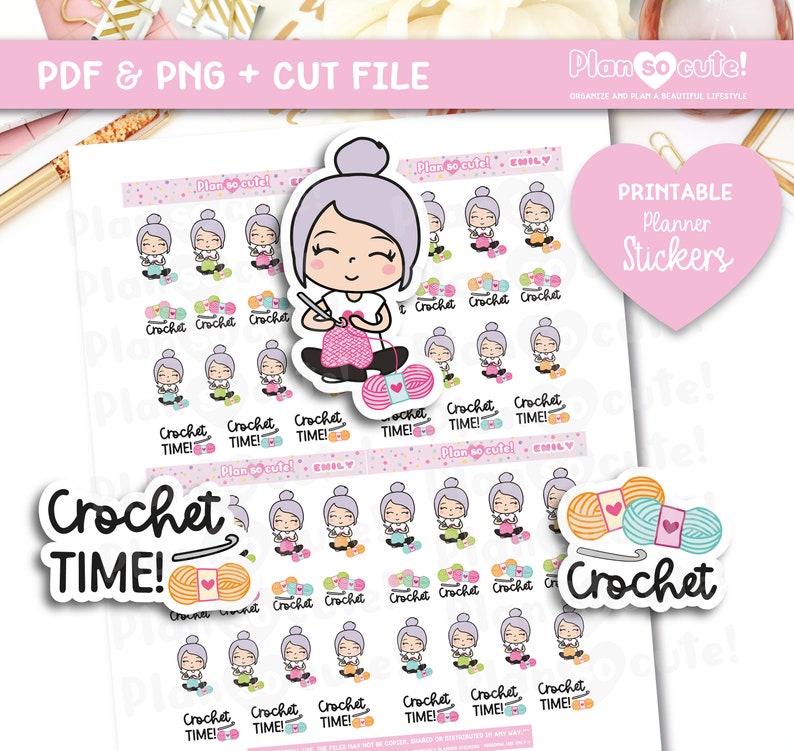 May include: Printable planner stickers featuring a cartoon girl crocheting with yarn and the text "Crochet Time!"  The stickers are on a white background with pink polka dots.