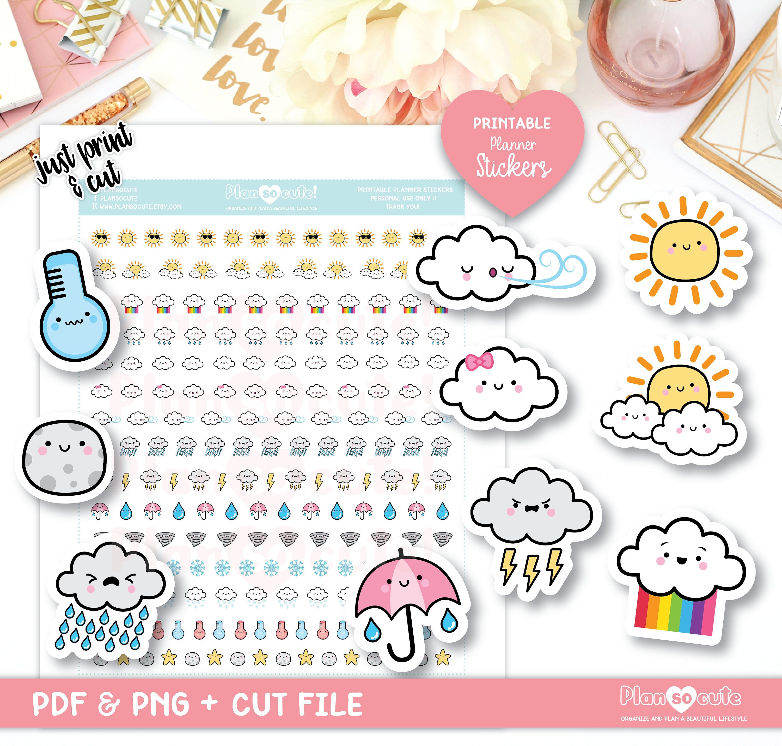 cute kawaii weather printable planner stickers hobonichi etsy - kawaii