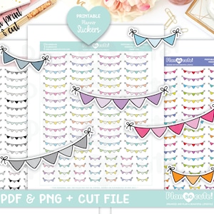 May include: Printable planner stickers featuring colorful bunting flags with white outlines. The stickers are arranged in rows on a white background. The text "Plan so cute!" appears at the bottom of the image.