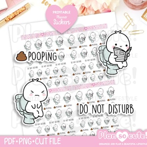 May include: Sheet of printable planner stickers with a white background. The stickers feature cartoon characters on toilets, reading newspapers, and the words "POOPING" and "DO NOT DISTURB". A pink heart-shaped sticker says "Printable Planner Stickers".