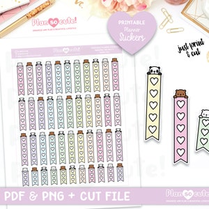 Puede incluir: Pegatinas imprimibles para planificador con ilustraciones de animales adorables. Las pegatinas son de varios colores pastel y presentan un panda, un oso y un oso polar asomándose detrás de pancartas con corazones. El texto "Plan so cute!" está incluido en la hoja.