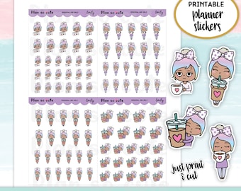 Emily Loves Coffee, iced coffee, hot coffee. Dark Skin. Printable Planner Stickers, for Cricut and Silhouette