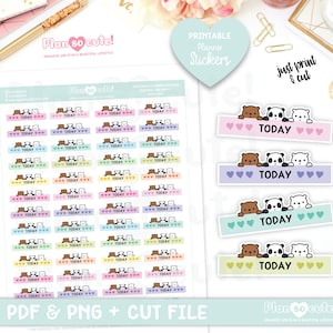 Op de afbeelding: Printbare planner stickers met een bruine beer, een panda en een ijsbeer die over een banner kijken met het woord "TODAY" in roze, paars, turquoise en geel. De stickers zijn ontworpen voor gebruik in planners en dagboeken.