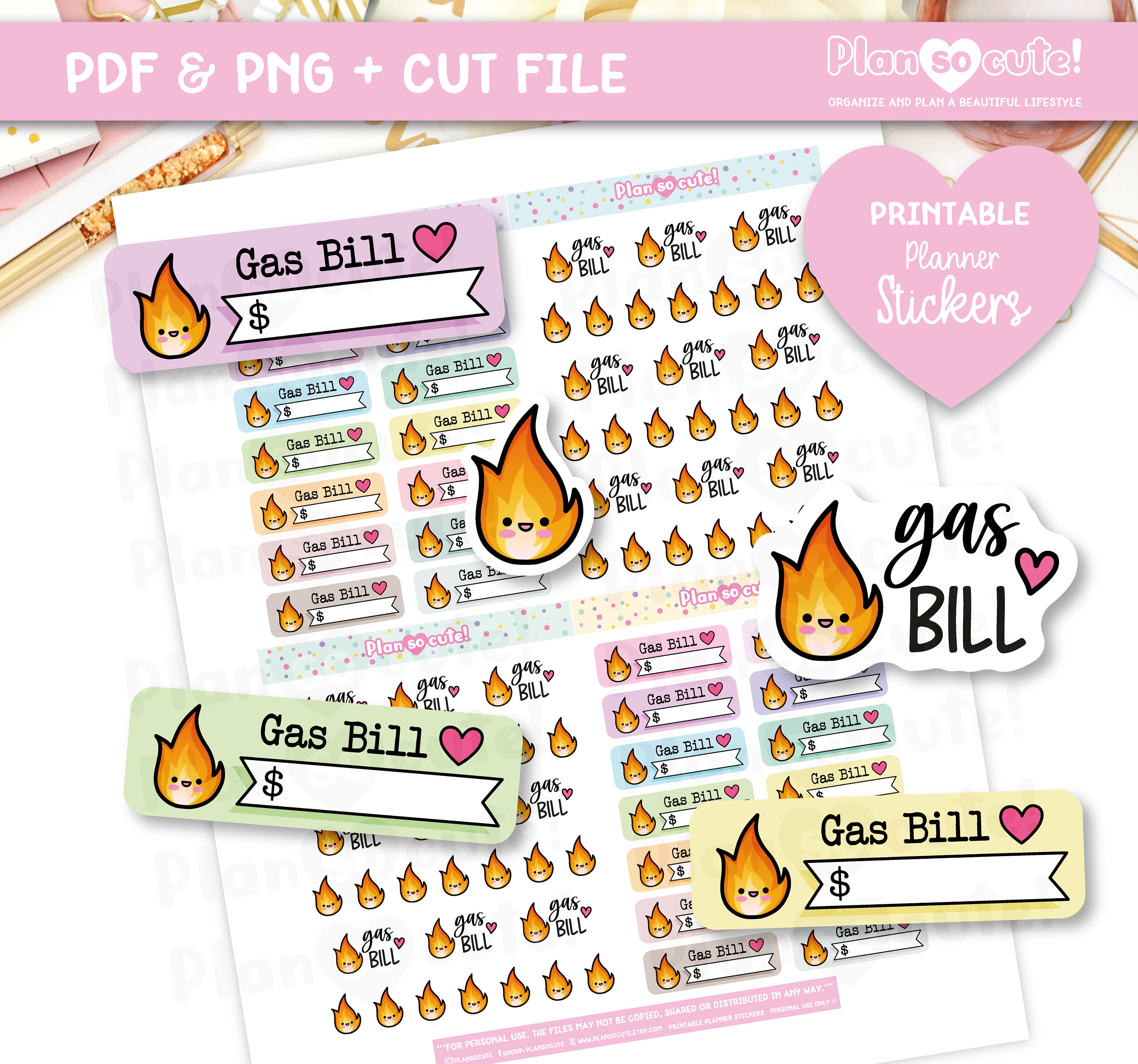 Gas Bill Printable Planner Stickers, Flame Stickers, Finance Stickers ...