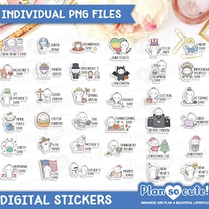 Puede incluir: Una colección de pequeñas pegatinas de personajes de dibujos animados blancos que representan diversas festividades y eventos, incluyendo Año Nuevo, San Valentín, San Patricio, Pascua, Halloween, Acción de Gracias y Navidad, etiquetadas con su nombre.