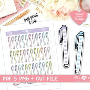 May include: Printable planner stickers featuring a set of 36 colourful pens with hearts. The stickers are designed for personal use only and are available in PDF and PNG formats.