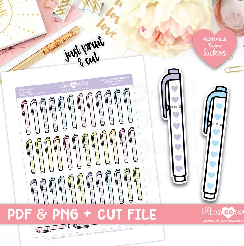 May include: Printable planner stickers featuring a set of 36 colourful pens with hearts. The stickers are designed for personal use only and are available in PDF and PNG formats.