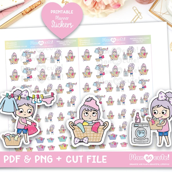 Emily Laundry Day, Clear Skin. Printable Planner Stickers, Silhouette and Cricut File