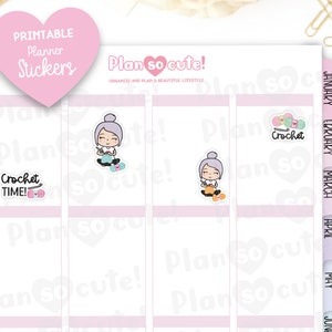 May include: Printable planner stickers featuring a cartoon character crocheting and the text "Crochet Time!" and "Crochet". The stickers are on a pink and white background with the text "Plan so cute!" at the top.